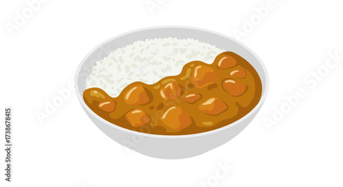Delicious bowl of japanese curry with rice on white background