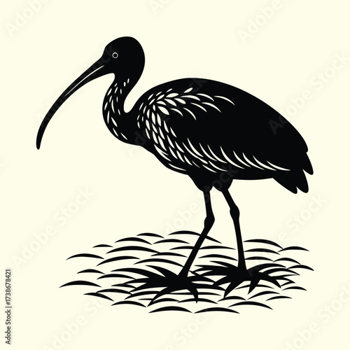  Elegant ibis bird silhouette in water, vintage woodcut or papercut style vector logo for nature and wildlife themes.