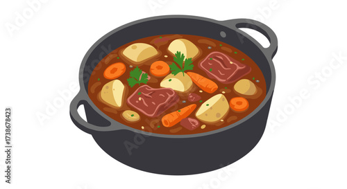 Hearty vegetable and beef stew in pot with herbs and potatoes