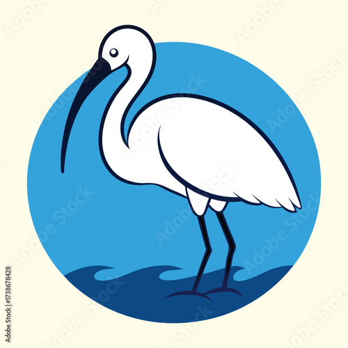 White ibis bird in water circular logo, modern flat vector emblem for a coastal, wildlife, or conservation brand.