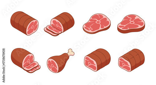 Assorted meat in isometric style: slices, drumsticks, and steaks on white background