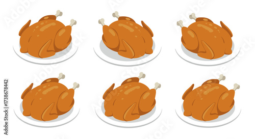 Isometric roast chicken pattern on plates for culinary design projects