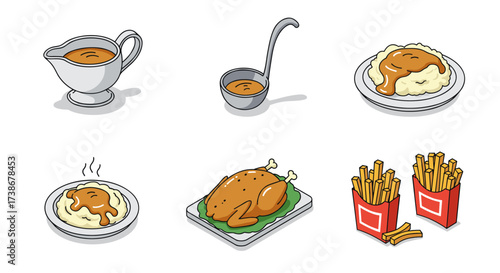 Thanksgiving dinner icons: turkey, gravy, mashed potatoes, fries set in cartoon style