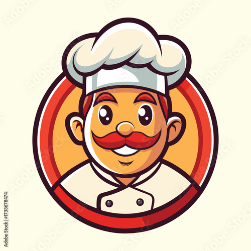 Friendly Cartoon Chef Mascot Logo Vector with Big Moustache, Chef Hat, and Uniform for Restaurant, Catering, or Cooking Class Branding.