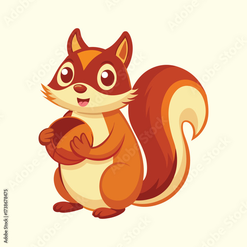 Cute Cartoon Squirrel Mascot Vector Holding an Acorn or Nut with Fluffy Tail and Friendly Expression for Kids' Books or Nature Logos