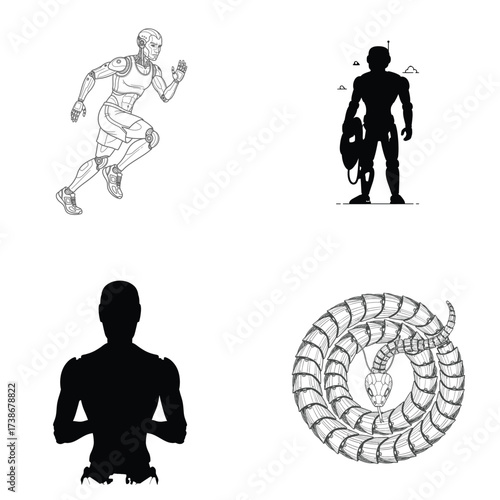 Assorted robots and a mechanical snake are displayed in a graphic illustration showcasing futuristic designs and technological concepts