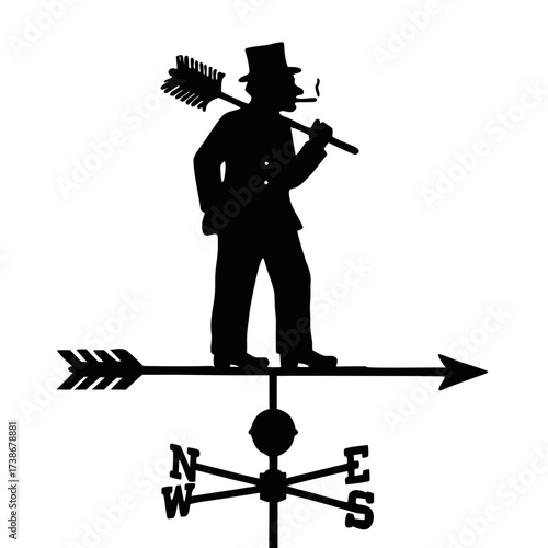 Chimney sweep silhouette standing on weather vane with directional arrows, transparent background, isolated, vector, icon  