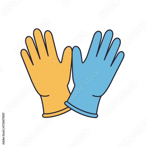 Pair of colorful rubber cleaning gloves for household chores.