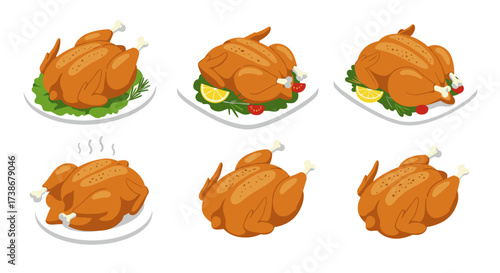 Isometric roasted turkey set with lemons and herbs