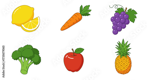 Colorful cartoon fruits and vegetables collection for healthy eating concepts
