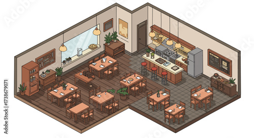 Cozy isometric cafe interior design with rustic decor and wooden furniture