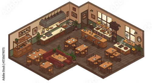 Cozy isometric cafe interior with rustic decor and wooden furniture