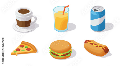 Isometric fast food and drinks: coffee, soda, juice, pizza, burger, hotdog