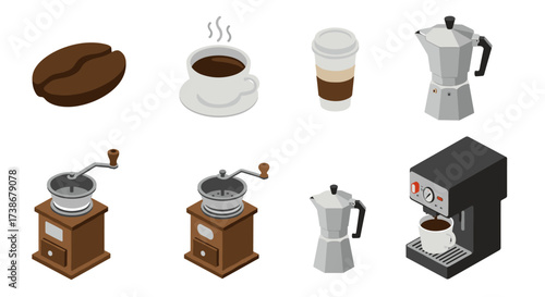 Isometric coffee icons: grinder, espresso machine, coffee cup, moka pot