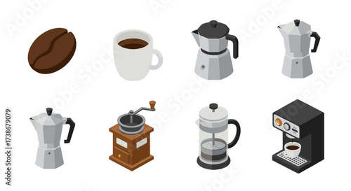 Isometric coffee icons: moka pot, grinder, french press, espresso machine, coffee cup, and bean