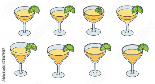 Assorted margarita glasses with lime wedges in flat cartoon style