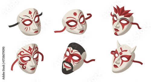 Isometric 3d carnival masks with tribal patterns and unique designs