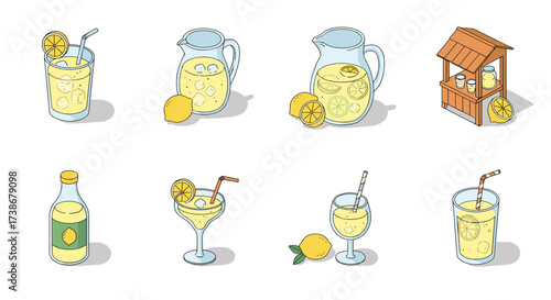 Refreshing lemonade stand illustrations featuring various drink styles in isometric design