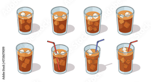 Iced coffee variations with straws and ice cubes in glasses