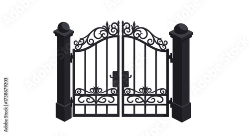 Elegant wrought iron gate with ornate design on white background