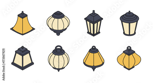 Set of eight isometric lantern icons in modern minimalist design