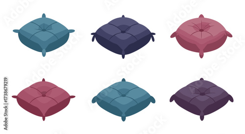 Plush cushion set with varied shapes and colors in isometric style