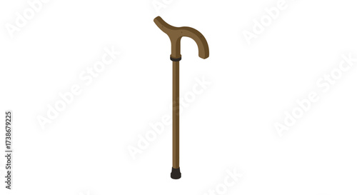 Isometric wooden walking cane with ergonomic handle design on white background