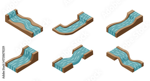 Isometric water slide elements with curved and straight sections in various designs