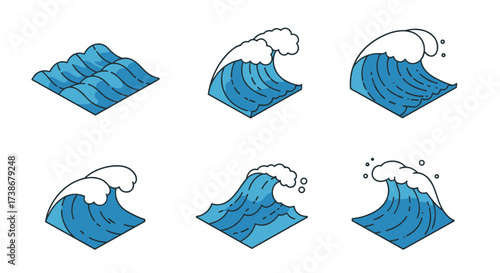 Set of stylized ocean waves with blue outline design