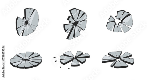 Set of broken glass explosions with shattered fragments