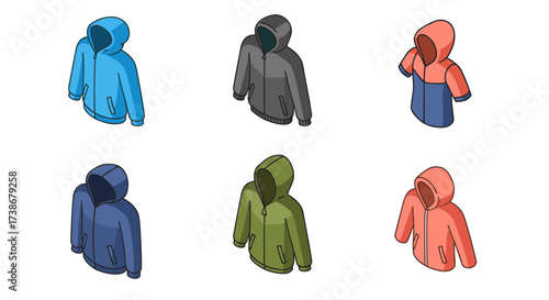 Colorful isometric hoodies set featuring various designs and styles