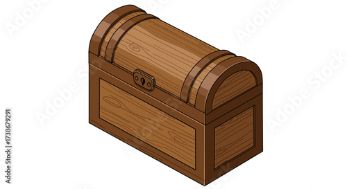 Isometric wooden treasure chest with curved lid and detailed wood grain design