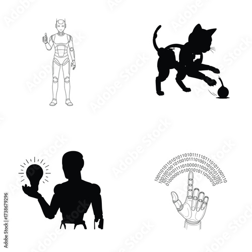 Four illustrations depict technology including a robot a cat playing an idea and a robotic hand interacting with binary code