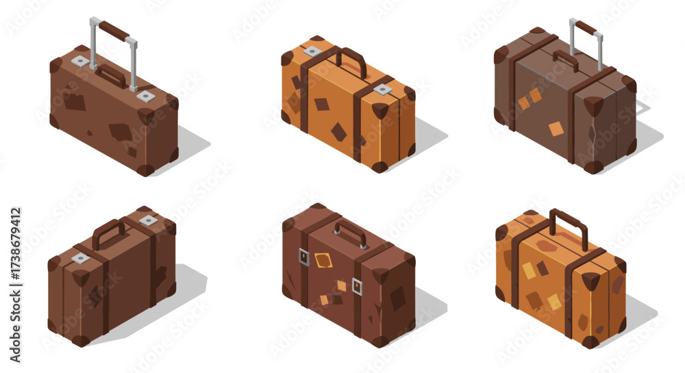 Fototapeta premium Isometric suitcase set: collection of retro travel bags in brown tones