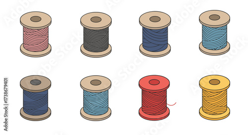 Colorful wooden thread spools collection on white background