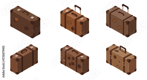 Isometric vintage suitcases collection in various angles and styles