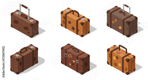 Isometric suitcase set: collection of retro travel bags in brown tones