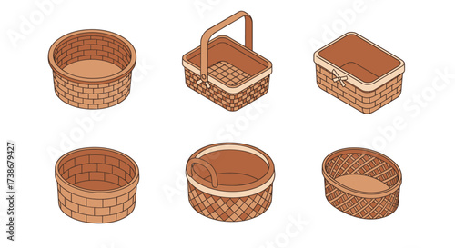 Set of isometric handwoven baskets with detailed patterns