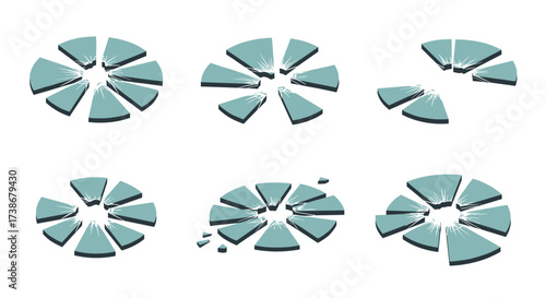 Shattered blue pie charts on white background in vintage style
