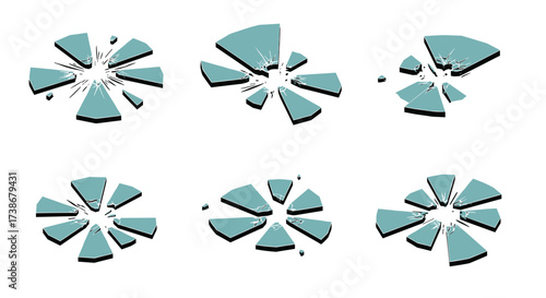 Collection of shattered blue glass explosions on white background
