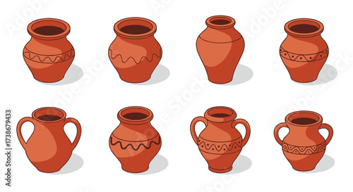 Set of ancient clay pots with various designs in isometric view