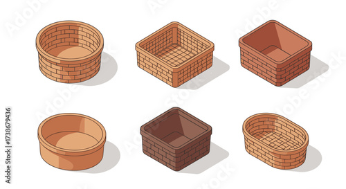 Isometric brick containers set with different shapes and styles