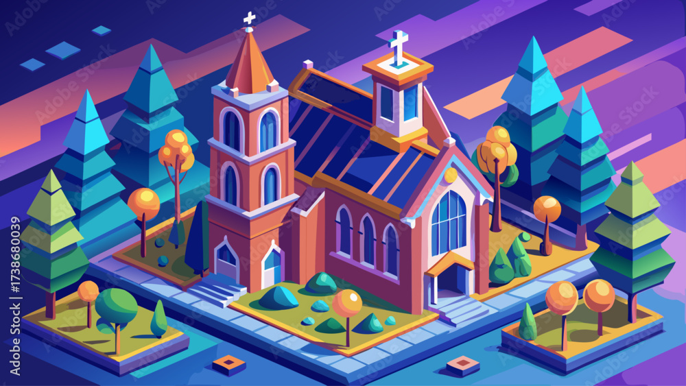 Naklejka premium Isometric church building vector with tower, cross, stained glass windows, trees, 3D perspective, scalable structure, clean lines, professional rendering, vibrant colors, detailed religious architectu