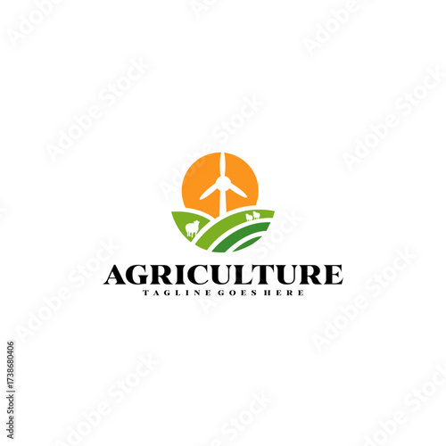 Sustainable Agriculture Logo Design with Wind Turbine and Fields Representing Eco-Friendly Farming