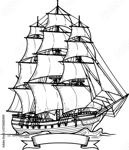 Old sailing ship with tall masts hand-drawn maritime vector sketch
