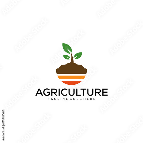 Abstract Agriculture Logo Design Featuring a Plant Seedling Growing from Soil Layers
