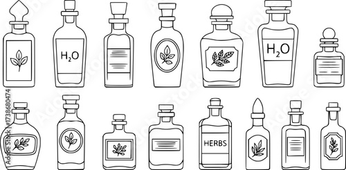 Vintage apothecary bottles outline. Minimalist black and white vector set of herbal remedy containers.
