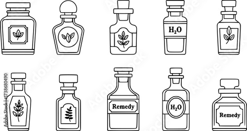 Vintage apothecary bottles outline. Minimalist black and white vector set of herbal remedy containers.
