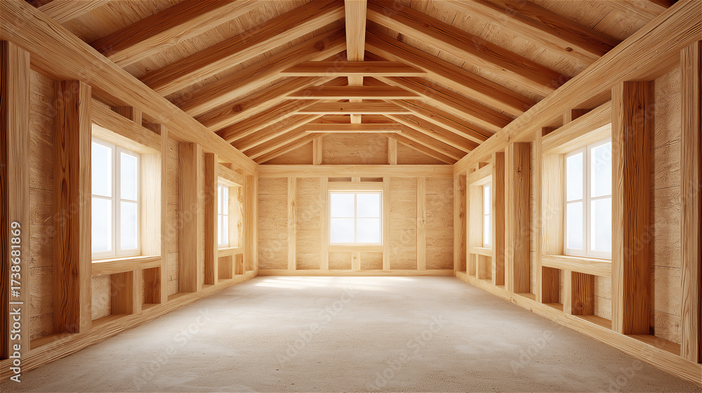 Fototapeta premium Empty wooden house interior with beams and sunlight through windows, architecture and construction concept highlighting design, structure and space.