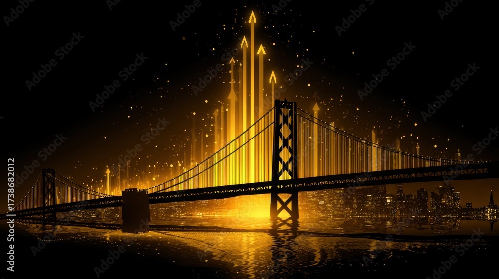 Fototapeta premium Golden Bridge with Rising Arrows at Dusk, Captivating Silhouette Against an Urban Skyline and Striking Light Effects